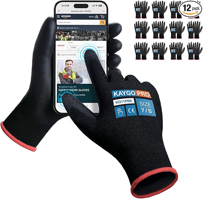 Work Gloves PU Coated for Men and Women, 12 Pairs Safety Work Gloves with Two Fingers Touchscreen, Breathable and Lightweight,Ideal for Light Warehouse, Manufacturing, Gardening, KG11P (S, Black)