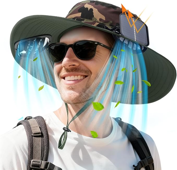 Berlune Men Sun Hat with 2 Solar Fans Wide Brim Outdoor Fishing Hat USB & Solar Powered for Sun Protection Camping Hiking