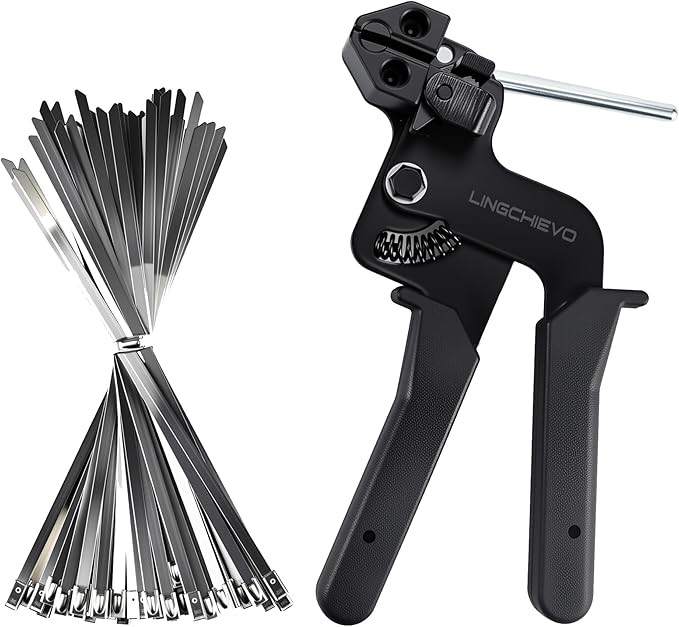 Metal Zip Tie Gun with 100 PCS 7.87in(200mm) Stainless Steel Zip Ties,Heavy Duty Zip Tie Tool for Fastening and Cutting Cable Ties,Chain Link Fence Parts for Fence Exhaust Pipe Outdoor
