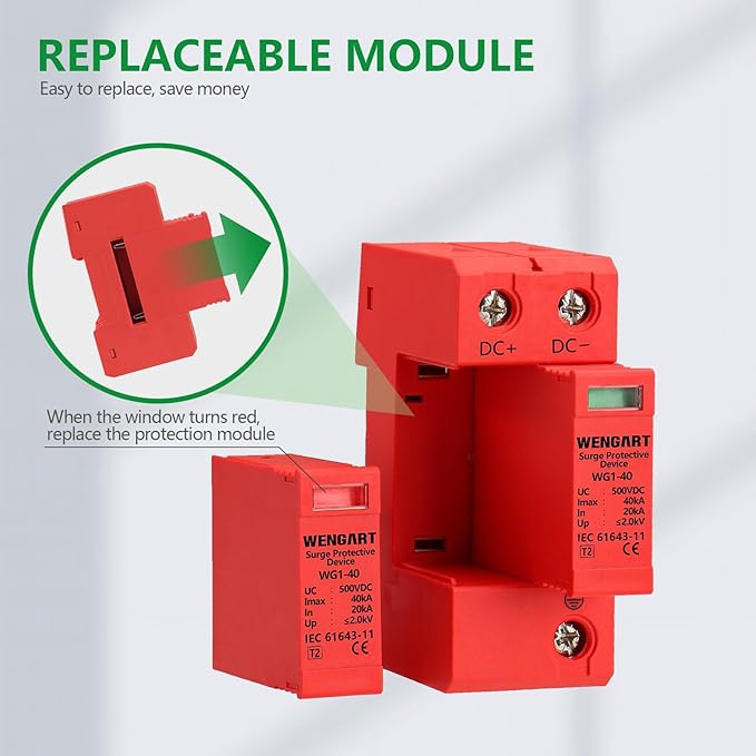 Wengart Surge Protective Arrester Device,DC500V 2P 20~40kA 36mm DIN Rail Mount,Low Voltage Arrester Device for Lightning Protection Power Distribution and Control Appliances