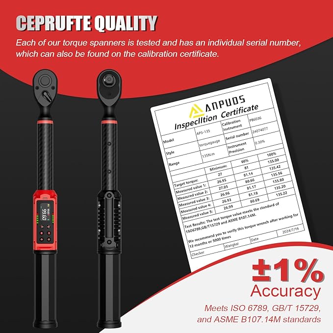 Digital Torque Wrench 3/8 Drive, Carbon Fiber Tube, 1.5-99.6Ft.lb/2-135Nm, ±1% Accuracy, Electric Torque Wrench Set with 3/8" to 1/2" Adapter, 125mm Extension Bar for Bike & Motorcycle