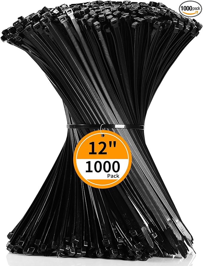 Cable Zip Ties 12 inch Cehony 1000 Pack Black Zip Ties Heavy Duty 50lbs Tensile Strength Plastic Zip Ties for Outdoor and Indoor Multi-Purpose Cable Ties Self-Locking UV Resistant Wire Ties Wraps
