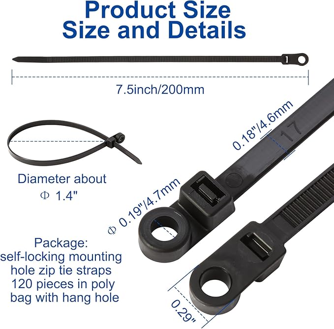 120 PCS 7.5 Inch Plastic Zip Ties with Screw Holes, Heavy Duty Mountable Cable Ties, UV Resistant Electrical Zip Ties for Indoor & Outdoor (Black)