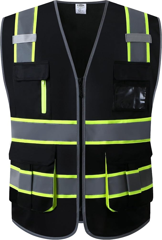 JKSafety 7 Pockets High Visibility Black Safety Vest for Men and Women Zipper Front with Hi-Vis Reflective Strips Meets ANSI/ISEA Standards (130-Black, Medium)
