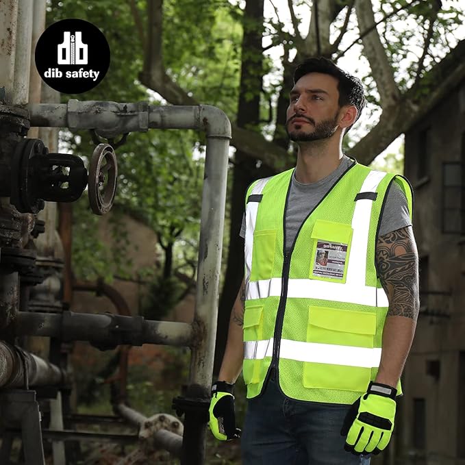 Dib Safety Reflective Vest ANSI Class 2, High Visibility Vest with Pockets and Zipper, Construction Work, Hi Vis