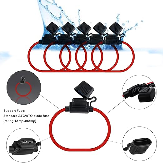 MuHize 12AWG Inline Fuse Holder - Premium Waterproof Automotive Blade Fuse Holder with 5A Standard Fuses ATC/ATO, 5 Pack Line Fuses Holders for Automotive Marine RV