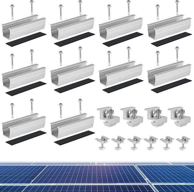 Solar Panel Mounting Bracket Kit, 10 Pcs Aluminum Solar Panel Roof Mount Set with Mounting Rails, Mid & End Clamps, Universal PV Module Rack for Metal, Tin, Flat, Sheet Rooftop Installation & Fixing