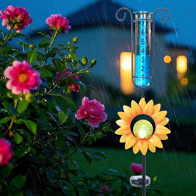 WONDER GARDEN Solar Rain Gauge Outdoor, Sunflower Decorative Rain Gauges Outdoors Best Rated with Yellow Crackled Glass Ball, Freeze Proof Water Rain Measure Gauge for Yard Patio Lawn Decor