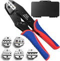 Crimping Tool Set, Ratchet Wire Crimper Tool For Heat Shrink, Insulated Nylon,Non-Insulated,Ferrule Wire End, Open Barrel Terminals, Solar Connectors - Crimper with 6 Interchangeable Die