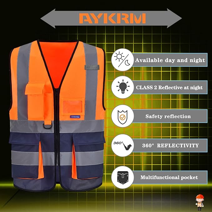 A-SAFETY High Visibility Safety Vest with 4 Reflective Strips 7 Pockets,Orange&Navy X-Small