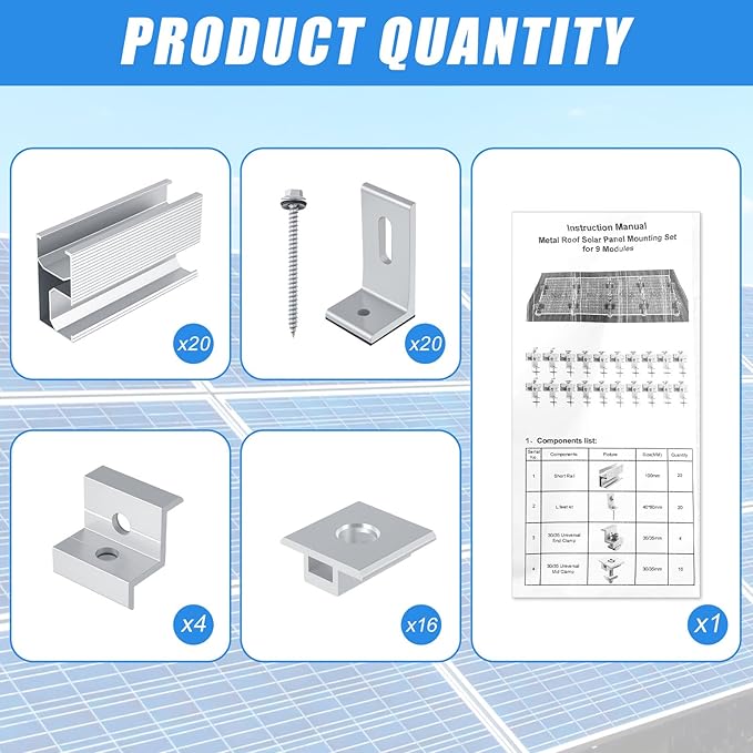 20 Pcs Solar Panel Mounting Brackets Kit for 1-9 Pieces Adjustable Aluminum Alloy Mounting Stand Support Photovoltaic Flat Pitched Roof Bracket for Slate, Tile, Cement, Wooden, Tin Roof