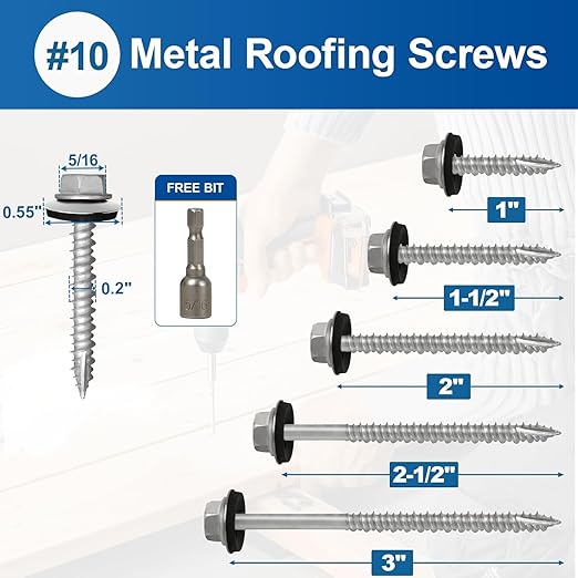 Metal Roofing Screws #10×1-1/2Inch, 1000-PCS, Hex Head Rustpert Coating Sheet Metal to Wood Siding Screw with EPDM Rubber Washer, Sharp Point, Hex Socket Included