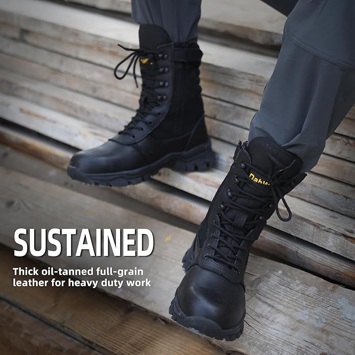 DahWe Men's Steel Toe Work Boots with Side Zipper 8 inch Lightweight Comfortable Indestructible Puncture Proof for Industrial Construction Warehouse Roofing Logger Riding Safety