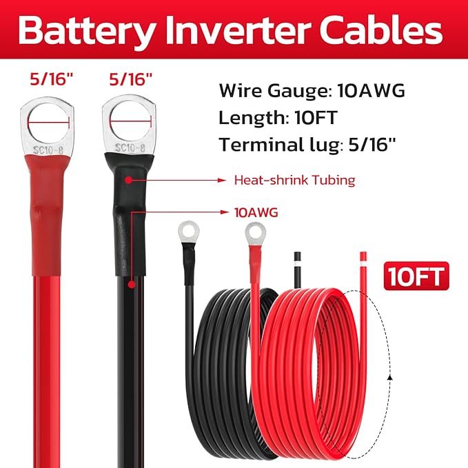 10 AWG Battery Cables 10 Gauge Solar Panel Wire Tinned Copper Extension Cable with 5/16'' Lugs for RV Solar Panel Car Automotive (10AWG 10FT)