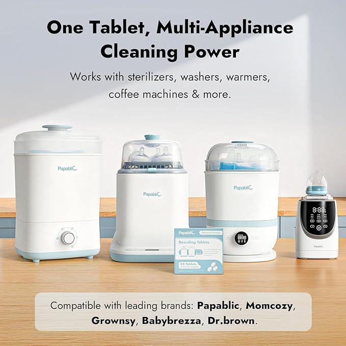 Papablic Descaling Tablets, 25 Count – Compatible with Baby Brezza, Momcozy, Bottle Washer, Warmer, Sterilizer & Formula Maker – Removes Milk & Limescale for Better Performance