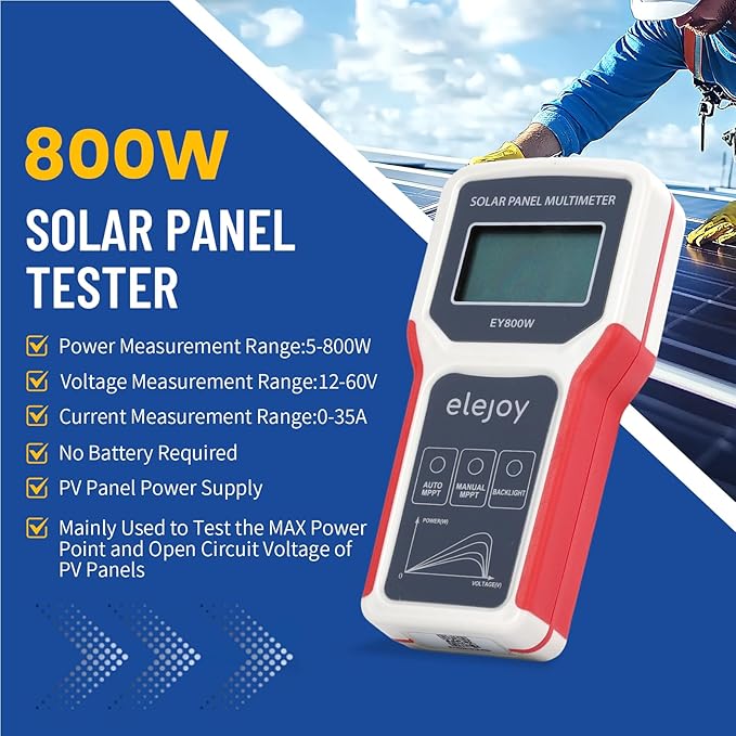 800W Solar Panel Tester, Digital PV Multimeter with Smart MPPT Tracer, 12-60V Voc, 0-35A Isc, Battery-Free, with LCD Display, MC4 & Alligator Clips, EVA Case for Solar Power Test