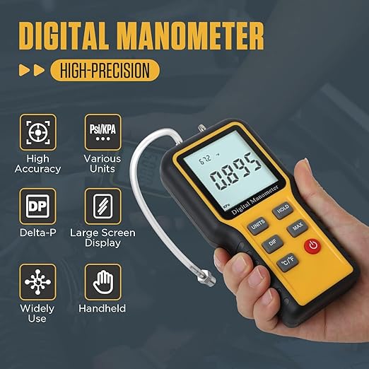 Manometer, Dual-Port HVAC Manometer with 12 Units Switch, Storage & Reminder Function, LP Gas Pressure Tester for Temperature and Pressure Testing, MMT2118563