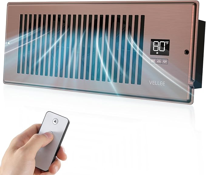 VELLEE Quiet Register Booster Fan Fits 4" x 12" (DUCT OPENING CUTOUT), 10-Speed Smart Heating Cooling AC Vent Booster Fan w/Remote Control & Thermostat Control (Bronze) - Corded