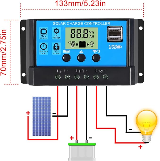 2pcs 30A Solar Charge Controller 12V/ 24V Solar Panel Charge Controller Intelligent Regulator with 5V Dual USB Port Display Adjustable Parameter LCD Display and Timer Setting ON/Off Hours