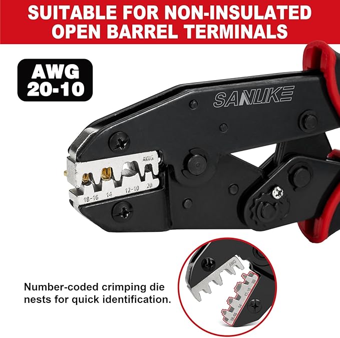Sanuke Ratchet Crimping Tool for Non-Insulated Open Barrel Terminals & Receptacles, AWG 22-10 Ratcheting Wire Crimper, Electrical Terminal Crimp Pliers