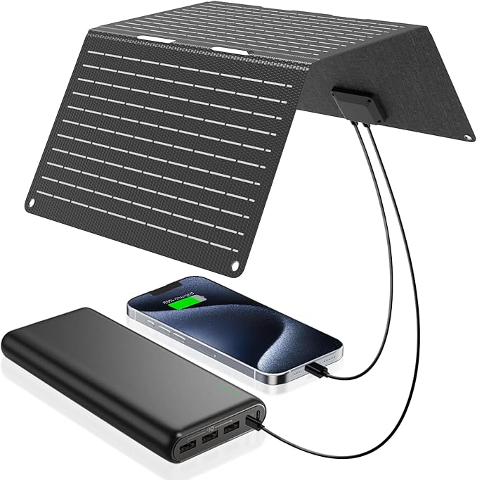 Ecosonique 30W Portable Solar Charger Foldable Solar Panels with USB C USB A ETFE Waterproof for Camping Backpacking Compatible with Cell Phone, iPhone, iPad, Samsung Galaxy, LG, Power Banks