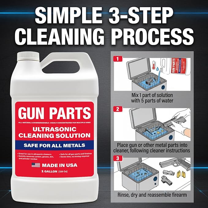 Ultrasonic Gun Cleaning Solution - 1 Gallon/128oz [Made in USA] Concentrated Formula Mixes into 6 Gallons - Firearm Cleaning Fluid for Brass & Gun Parts - for Ultrasonic Cleaner Use