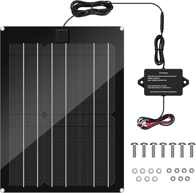 Solar Battery Charger Maintainer, Zuomeng 15W Solar Panel Kit for Dump Trailer Built-in Maintenance Pulse & Intelligent MPPT Charge Controller, Waterproof, Suitable for 12V Lead-Acid Battery