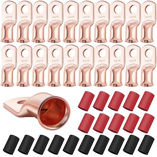 XHF 20PCS 1AWG-5/16 Heavy Duty Battery Lugs with 3:1 Heat Shrink Tubing, Ring Terminals Battery Cable Ends Copper Eyelets Electrical Battery Connectors