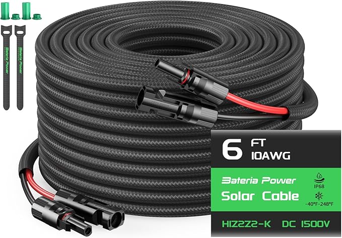 6FT Twin Wire Solar Panel Extension Cable, 10 Gauge PV Wire with IP68 Female & Male Waterproof Connectors, Flame Retardant Protective Sleeving and Dust Caps for Home, RV, Photovoltaic Systems