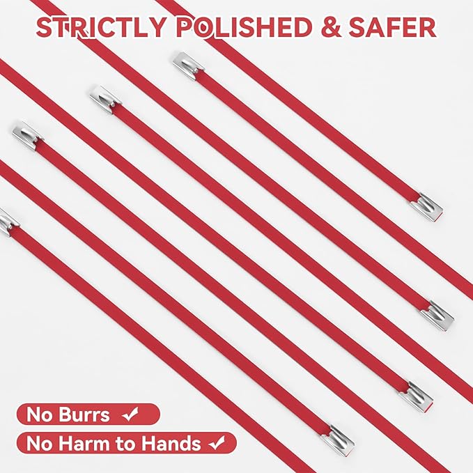 Red Metal Zip Ties Heavy Duty 11.8 inch for Outdoor Use, Stainless Steel Epoxy Coated Cable Chain Link Fence Zip Ties, Durable Metal Wire Ties Strap UV Resistant