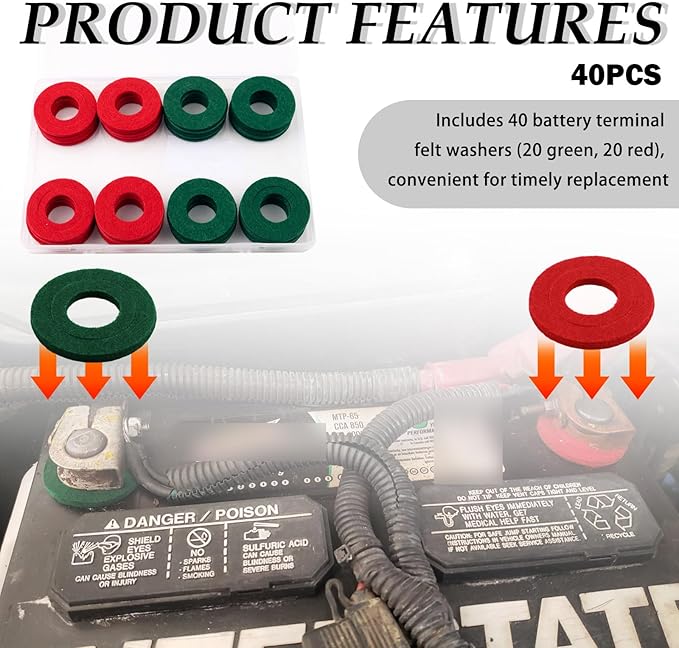 40PCS Felt Car Battery Terminal Protector,Positive and Negative Felt Washers for Car Battery Terminal to Extend Batteries Life,Durable Cars Batteries Protector Cars Accessories