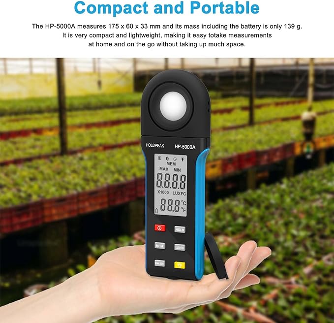 Digital Illuminance Meter, HoldPeak 1-400000Lux Light Meter with Large LCD Screen Handheld Ambient Temperature Measurer, Lumen Meter for Plants, Photography Lab, Classroom, Bedroom, 5000A