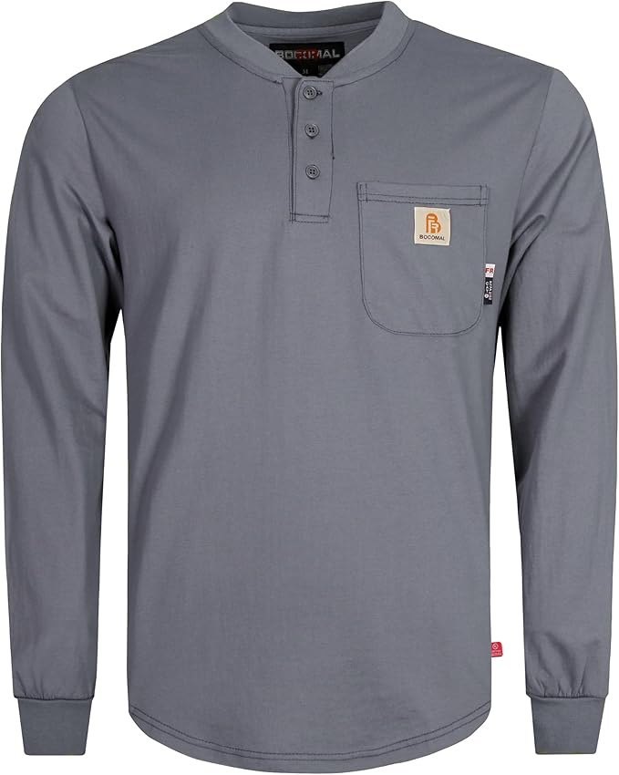 BOCOMAL FR Shirts 6oz Lightweight Flame Resistant Long Sleeve Henley Shirt Fire Retardant Workwear NFPA2112 CAT2