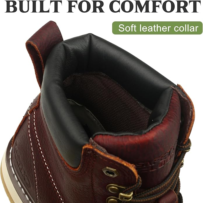 Moc Toe Work Boots for Men Waterproof Soft/Steel Toe Comfortable Full Grain Leather Non Slip Wedge Outsole Construction 6" Workboots