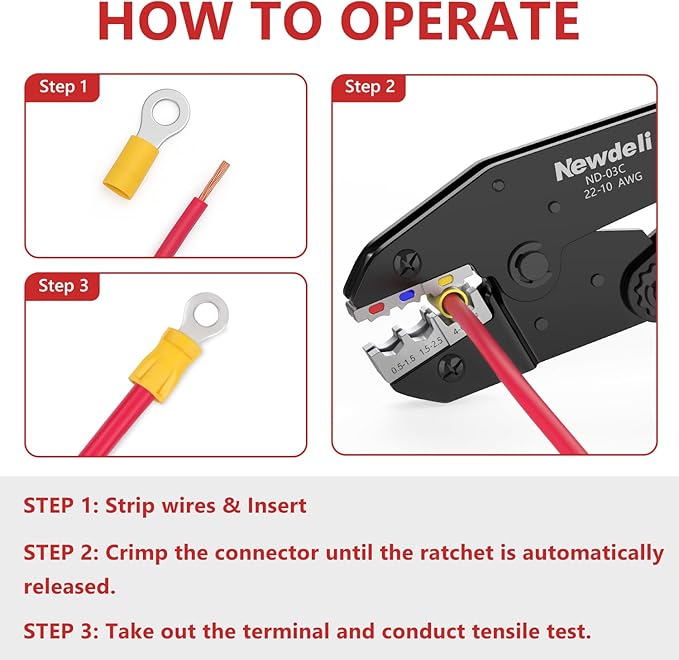 Newdeli Wire Crimping Tool for Insulated Wire Connectors - AWG 22-10 Ratchet Wire Crimper Tool Electrical Wire Terminal Connectors Ratcheting Crimping Plier Crimp Tool