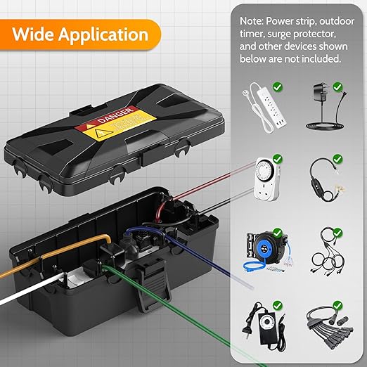 Wowbox Medium Outdoor Electrical Box Waterproof (10.3 x 6X 3.7inch), Black Weatherproof Extension Cord Box w/6 Cable Entry, IP54 Waterproof Outdoor Outlet Covers for Power Strip, Plug
