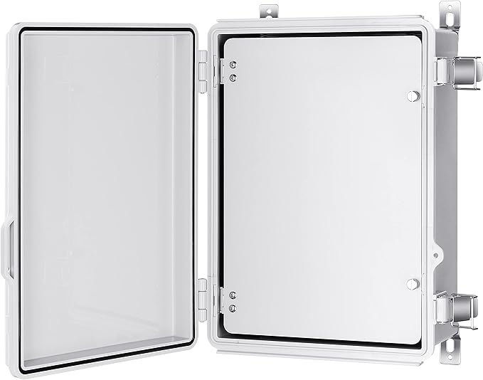 Junction Box, IP67 Waterproof Plastic Enclosure for Electrical Project, Hinged Grey Cover, Includes Mounting Plate and Wall Bracket (Grey Cover with Inner Door, 14.6"×10.6"×5.9")