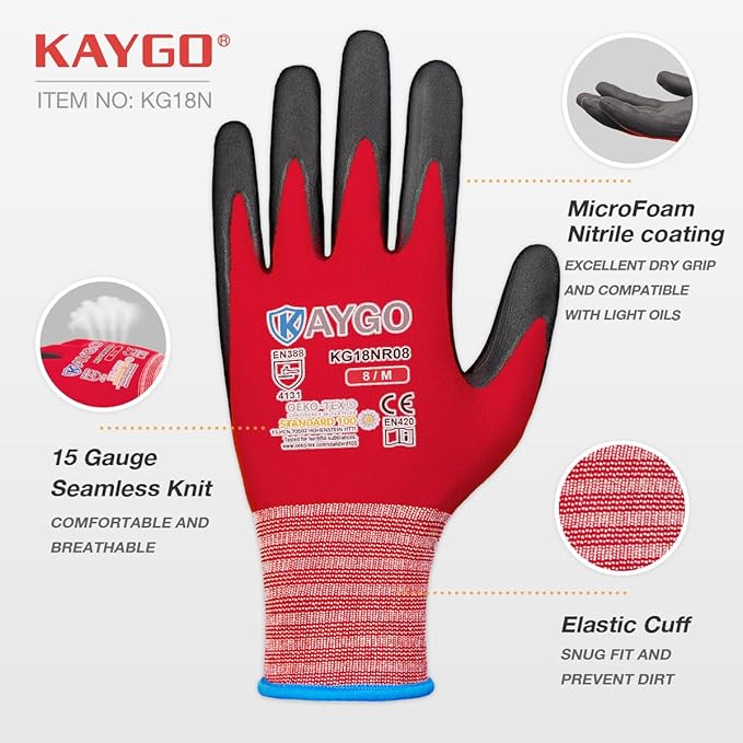 KAYGO Safety Work Gloves MicroFoam Nitrile Coated-3 Pairs, KG18NB,Seamless Knit Nylon Glove with Black Micro-Foam Nitrile Grip,Ideal for General Purpose,Automotive,Home Improvement,Red medium