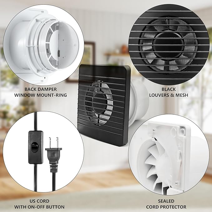 4inch Exhaust Fan, Black Window Wall Mount Vent Extractor Fan w/Button Switch, Cord for Kitchen Bathroom Workshop Garage