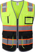 JKSafety 7 Pockets High Visibility Zipper Front Safety Vest With Reflective Strips.Meets ANSI/ISEA Standards(130-Yellow-Black M)