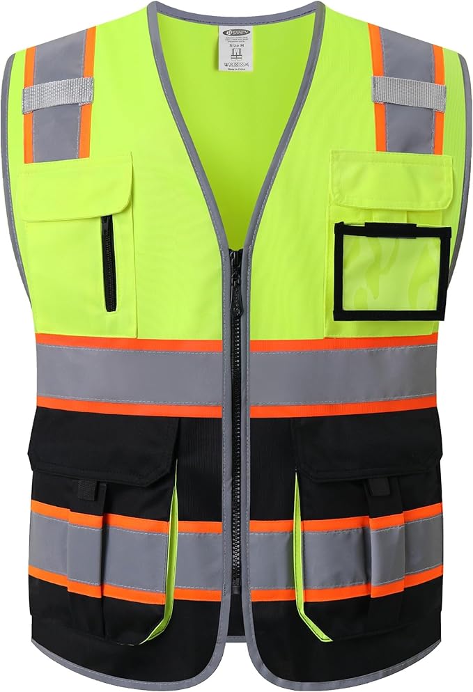JKSafety 7 Pockets High Visibility Zipper Front Safety Vest With Reflective Strips.Meets ANSI/ISEA Standards(130-Yellow-Black M)