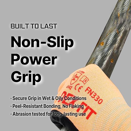 DEX FIT Nitrile Work Gloves FN330, 3 Pairs, 3D-Comfort Stretchy Fit, Firm Grip, Thin & Lightweight, Touch-Screen Compatible, Durable, Breathable & Cool, Orange XL (10)