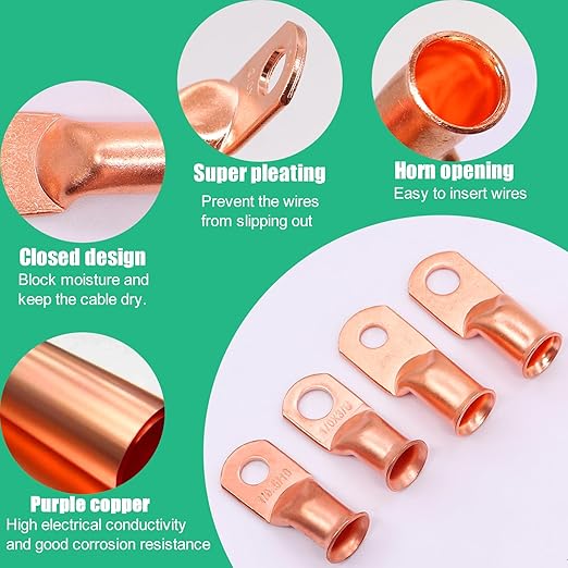 Twidec/32PCS Battery Cable Ends 1/0 AWG 2/0 AWG Heavy Duty Copper Lugs 0 Gauge 00 Gauge Copper Cable Wire Lugs,Coppers Ring Terminals 5/16" and 3/8" with Heat Shrink Tube