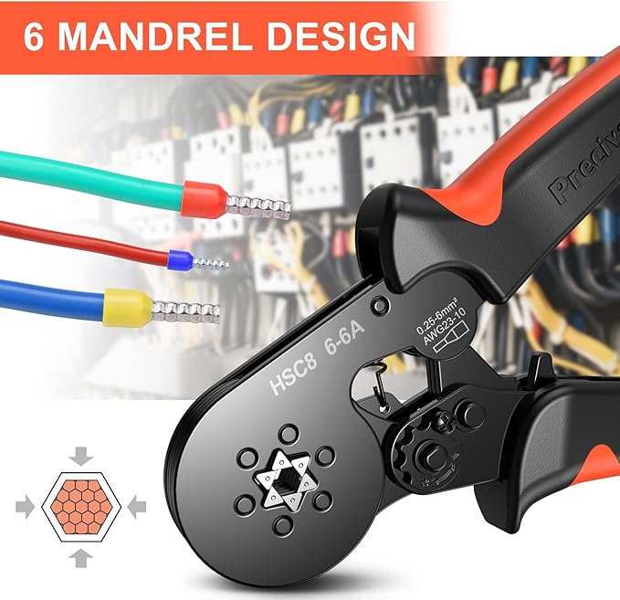 Ferrule Crimping Tool, Preciva Hexagonal Sawtooth Self-Adjustable Ratchet Wire Terminals Crimper for AWG23-10 Bootlace End-Sleeves Ferrule