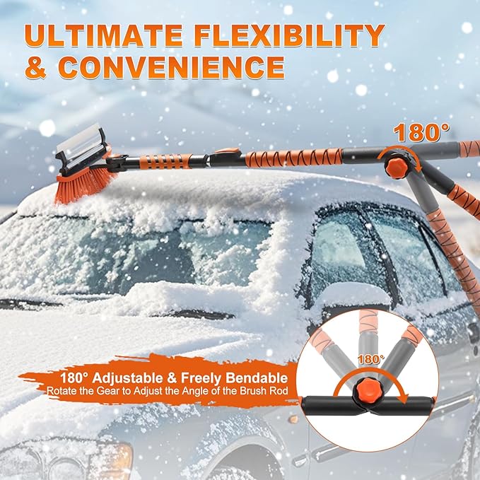 62.4" Foldable Snow Brush and Ice Scrapers for Car Windshield, Adjustable & Extendable Ice Removal Tool with Non-Slip Foam Grip, 180° Pivoting Snow Brush for Car, SUV, Truck