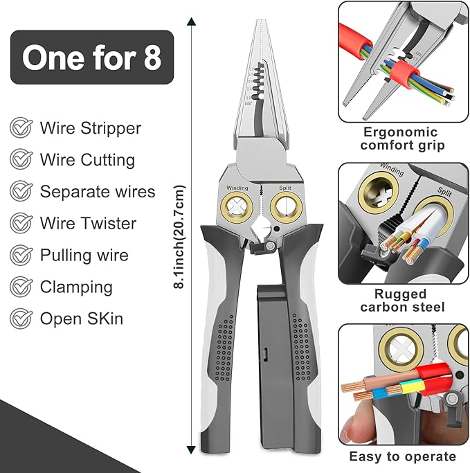 GADO Pro 8-in-1 Wire Stripper/Cutter with Voltage Tester & Dual Alarms - Heavy Duty 12-250V AC/DC Electrical Tester for Hot/Neutral Wires - Electrician, HVAC, Car Repair Tool (Gray)