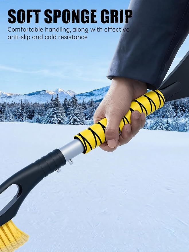 MIKKUPPA 27'' Snow Brush and Ice Scrapers for Car Windshield - Detachable Windshield Scraper, Snow Removal Tool with Curved Connector & Ergonomic Foam Grip for Cars, Trucks, SUVs (Yellow, 2 Pack)