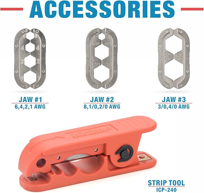 iCrimp Battery Cable Lug Crimping Tool Kit for 8, 6, 4, 2, 1,1/0, 2/0, 3/0, 4/0 AWG Copper Ring Terminals, Battery Cable Ends, Copper Splice, c/w Radial Wire Stripper