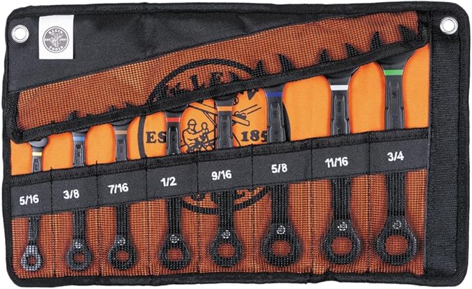 KLEIN TOOLS 69408G Ratcheting Combination Wrench Set, SAE, 8-Piece, 5/16 to 3/4-Inch, Steel Alloy, Foam Pouch, 90-Tooth