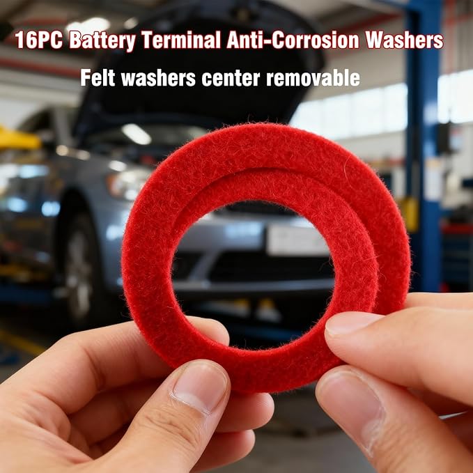 16 PCS Battery Terminal Anti-Corrosion Washers - Red & Green Fiber Gasket Protectors with Adjustable Inner Ring for Car, Truck, Marine & RV Batteries